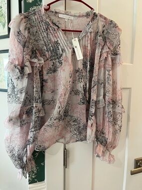 NWT Olivaceous Pink & Black Sheer Ruffle Blouse